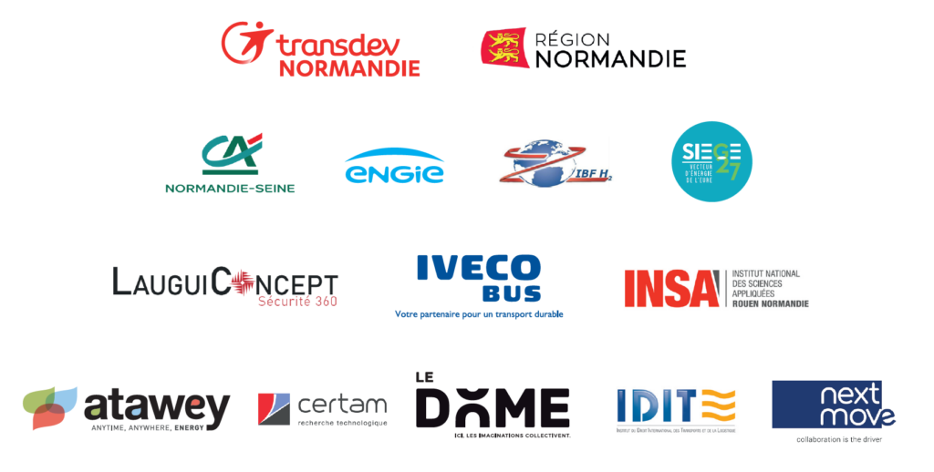 Logos entreprises - Transdev Normandie, Région Normandie, Crédit Agricole Normandie-Seine, ENGIE, IBF H, Secteur de l'énergie de l'Eure, Laugui Concept, Iveco Bus, INSA, atawey, certam, le Dome, IDIT, next move