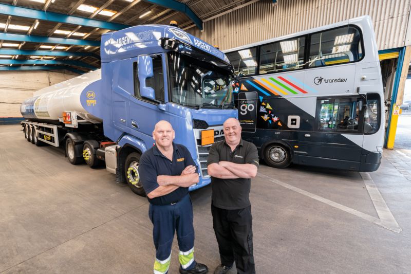 Transdev Blazefield in front of a truck and a double decker bus