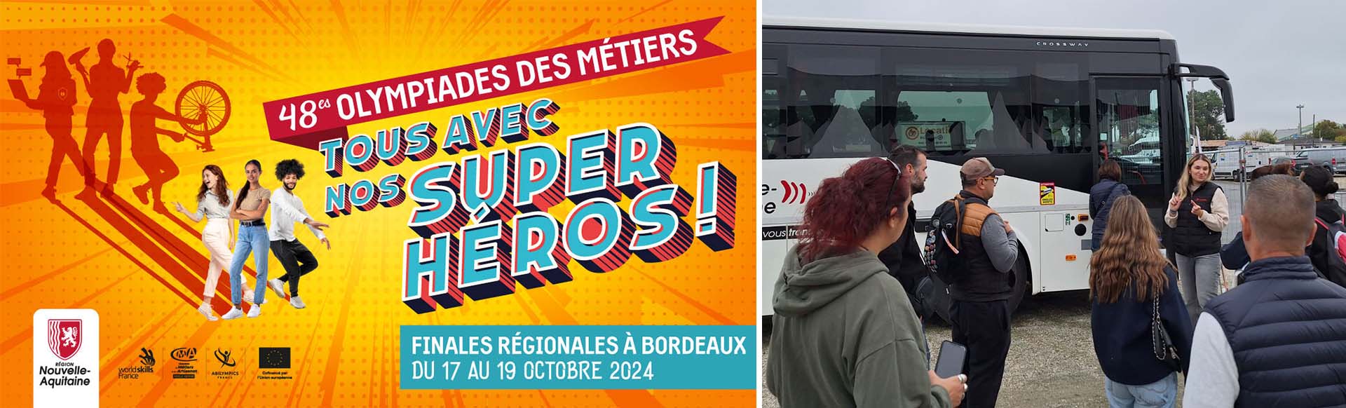 Bannière Olympiades des métiers et personnes autour d'un bus
