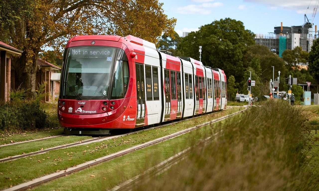Red and white tramway in Parramatta - Australia